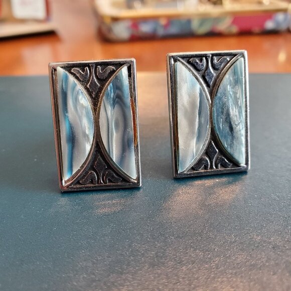 VTG Cufflinks & Tie Clip Silver Abalone Shell? Blue Grey 26 Grams Art Deco - Picture 2 of 10